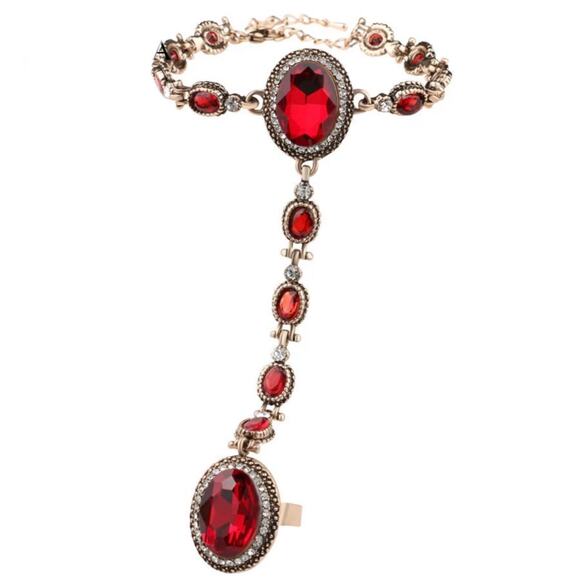 NEW Hand Bracelet Ring Red Rhinestone Gold Tone Unique Fashion Jewelry set m - Picture 4 of 10